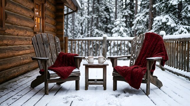 Cozy winter deck of a log cabin with wooden chairs red blankets and steaming mugs in the snow