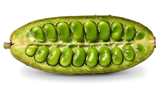 Fresh green petai beans inside an open pod isolated on white background.