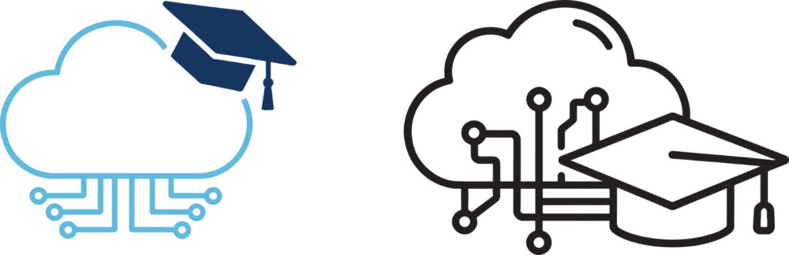 Cloud computing and graduation cap icons for online education digital learning and edtech vector