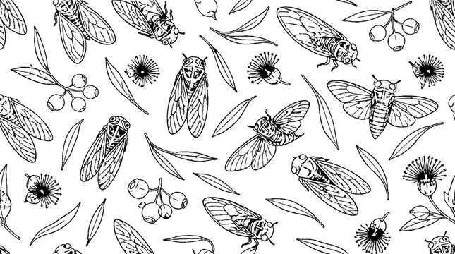 Detailed black and white cicada and plant illustration.