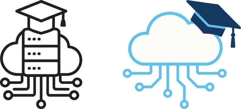 Cloud education vector icons with graduation cap server and digital circuit lines for online learning and edtech platforms