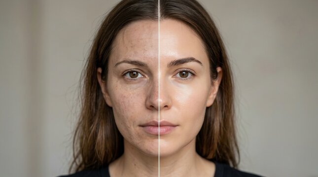 Split screen portrait of a woman showing skin before and after facial treatment for acne and pigmentation