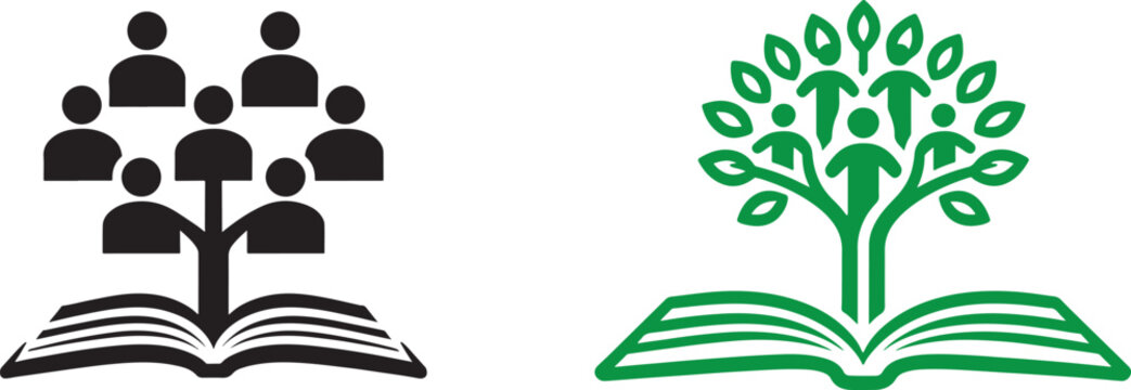 Open book with tree and people icons vector graphic for education growth and community knowledge