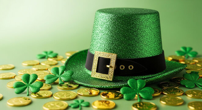 Green glitter leprechaun hat with gold coins and shamrock clovers, festive St Patricks Day holiday banner on a soft green background.