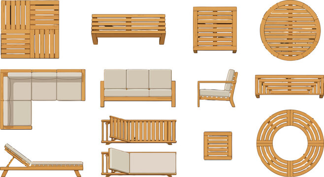 Outdoor wooden furniture set with sofas chairs and tables in top and side view vector illustration