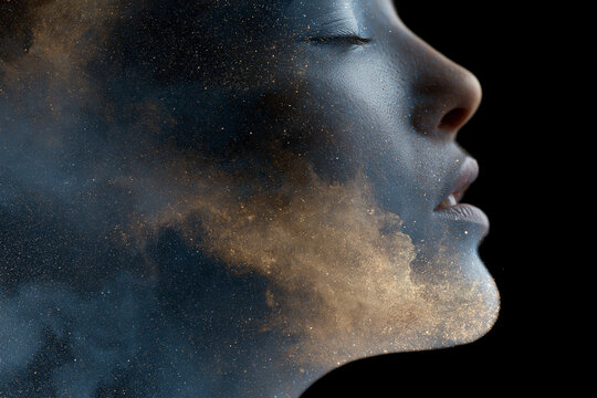 Ethereal profile merges human form with cosmic dust. Starlight and nebulae swirl around the face. Eyes softly closed, lips slightly parted. Mystical, dreamlike, and deeply serene