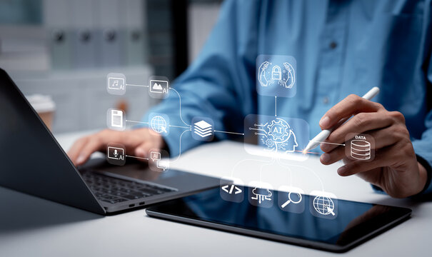 AI workflow automation concept featuring intelligent task management, software integration, coding, database connectivity, and smart business process automation.