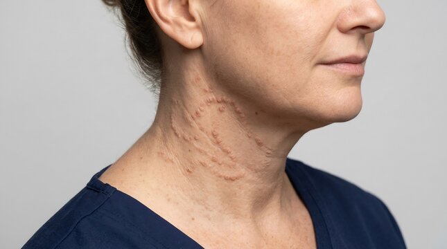 Close-up side profile of an adult woman's neck showing skin papules and dermatological irritation on a neutral background