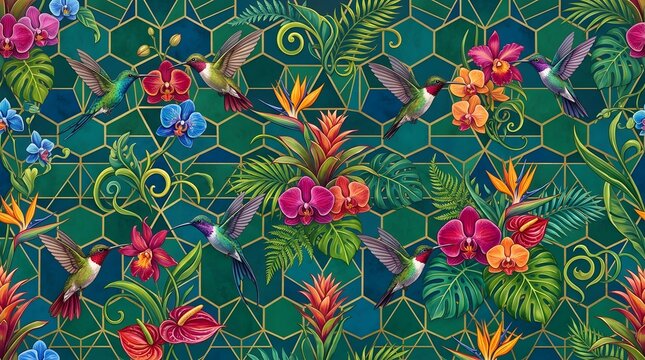 Vibrant hummingbirds flit gracefully among a lush tropical display of exotic orchids and colorful bromeliads set against a sophisticated dark teal background 