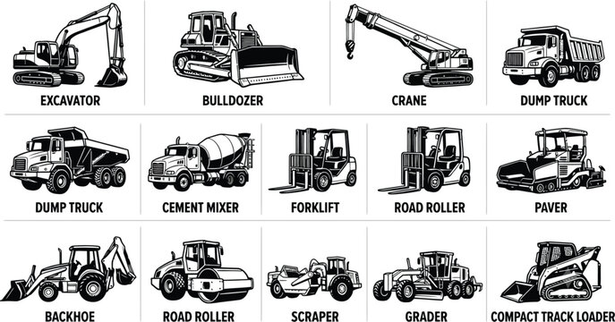 Construction Vehicles and Heavy Machinery Vector Icons Set