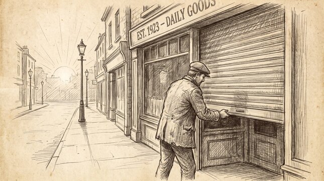 Early morning storefront preparation by shopkeeper raising security shutters
