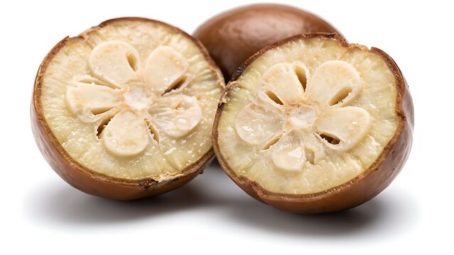 Fresh monk fruit cut in half showing the inside texture on white background.