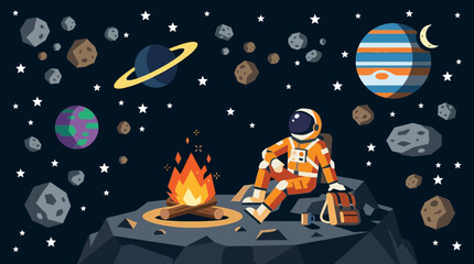 Fototapeta premium Astronaut Relaxing by a Campfire on an Asteroid in Deep Space, Whimsical Science Fiction Vector Illustration