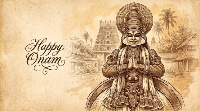 Happy onam vector illustration kerala kathakali hand drawing art
