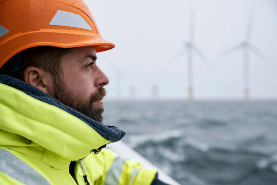 Man in hard hat watches offshore wind turbines. Stormy sea looms behind him, waves churn. He wears a high-visibility jacket, focused, calm. Wind power development in open waters