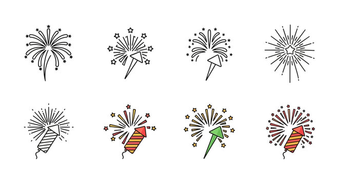 Set of firework and firecracker icons with colorful and outline styles for festive celebrations and holiday designs