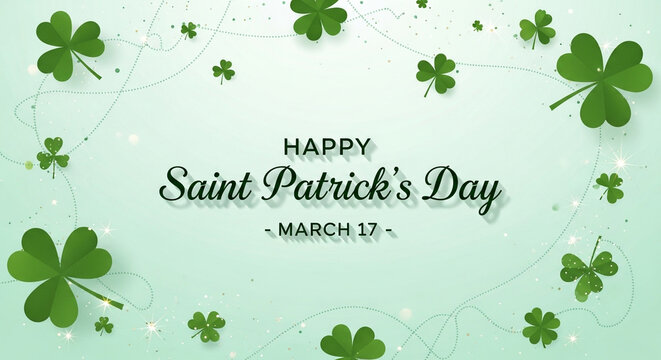Happy Saint Patricks Day minimalist greeting card layout with shamrock clover border and sparkles on light green background.