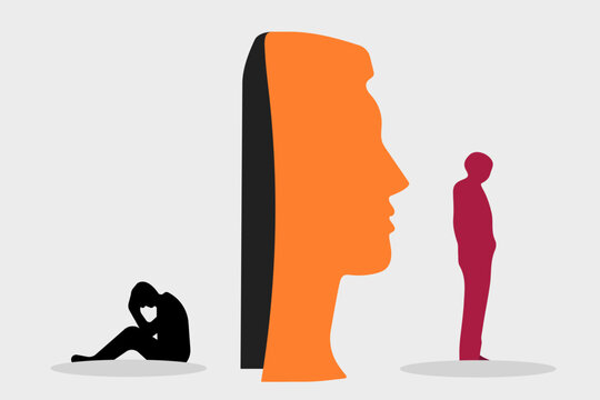 Inner conflict illustration, One Sitting with His Face Hidden, the Other Standing Before Him