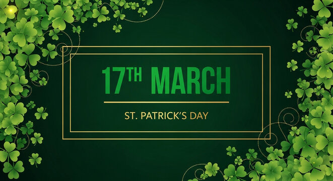 St Patricks Day greeting card luxury dark green background with golden line frame border and lush shamrock clovers clusters.