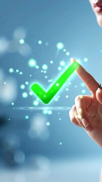 A Close-Up Journey of Confirmation: The Transition from Uncertainty to Certainty, Highlighted by an Affirmative Checkmark Against a Soft Blue Background