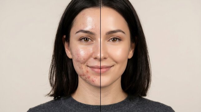 Split screen portrait of a woman showing before and after skin care treatment for acne and blemishes on her face