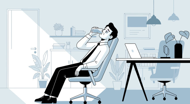 Tired Businessman Has A Drink Of Water Whilst Leaning Back In His Office Chair