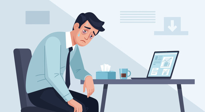 Tired Businessman Sitting at Desk Feeling Burnout, Exhaustion and Job-related Health