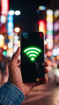 A Night View of a Smartphone Displaying a Strong Wi-Fi Signal, Perfectly Illuminated Against a Colorful Cityscape Background, Showcasing Modern Connectivity