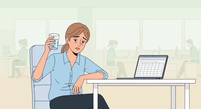Tired Businesswoman Drinking Water in Office Environment During the Day