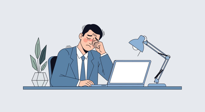 Tired Businessman Suffering From Fatigue and Eye Strain While Working at Desk