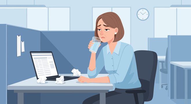Tired Businesswoman Taking a Break, Drinking Water During Work, Office Overload