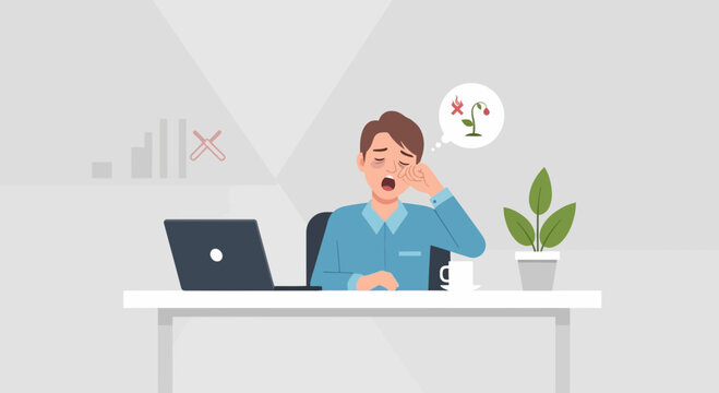 Tired Office Worker with Dead Plant Dream During Wireless Connectivity Issues