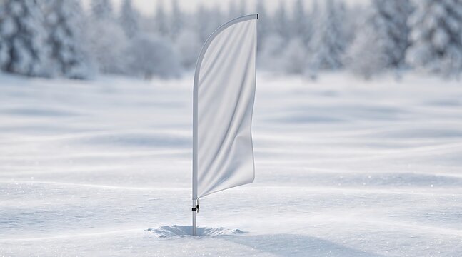 Blank white feather flag in a snowy winter landscape.
