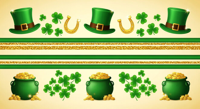 St Patricks Day decorative seamless border with leprechaun hats gold pots shamrock clovers and golden ribbons on festive background.