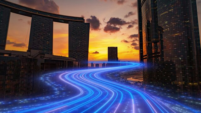 Abu Dhabi skyline at sunset glows with 5G fiber optic data lines, showing fast smart city connectivity infrastructure