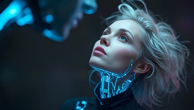 Futuristic AI Woman Looking Up with Glowing Cybernetic Circuits Artificial Intelligence, Human Machine Fusion and Future Technology Concept