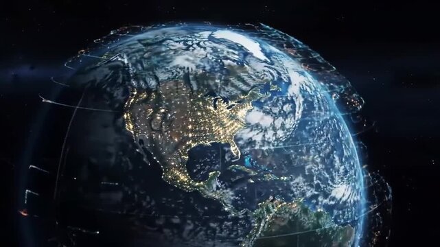 Night view of Earth globe with glowing city lights.