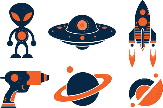 Retro sci-fi vector icon set with alien UFO and rocket ship in navy and orange.