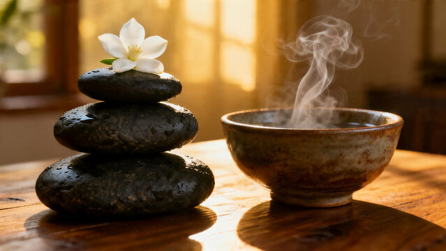 Basalt spa stones with white flower and warm steam