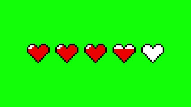 8-Bit Pixel Art Heart Life Bar Gaming Animation on Green Screen