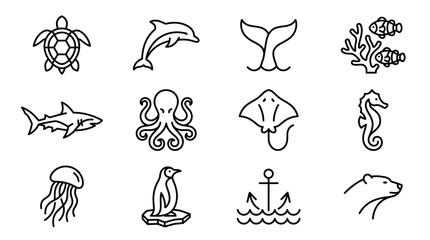 Sea creatures icons line drawings 1. © Bambang