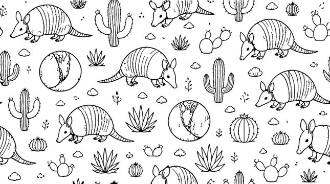 Armadillo and cactus desert pattern illustration.