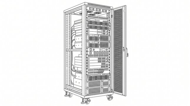 Open server cabinet with organized cable management and hardware components for efficient data center infrastructure and network operations management