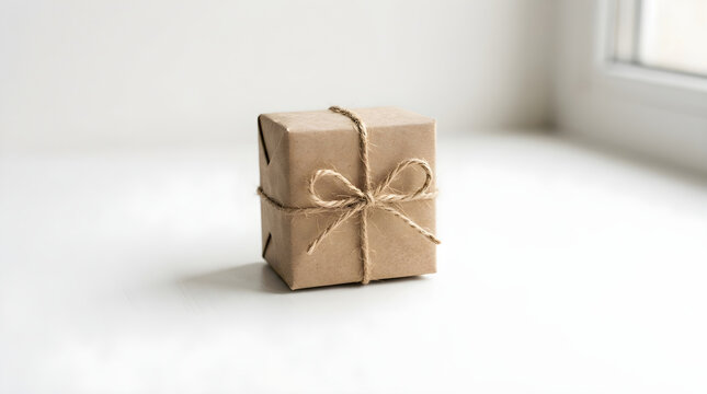 Small gift box wrapped in brown paper with twine bow isolated on white background