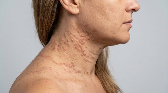 Close-up profile portrait of a woman's neck and shoulder showing skin rash with small raised papules