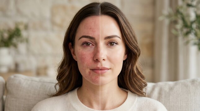 Split screen portrait of a woman showing acne prone skin versus clear healthy complexion for skincare comparison