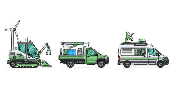 Green vehicles for renewable energy maintenance work on wind turbines in a field