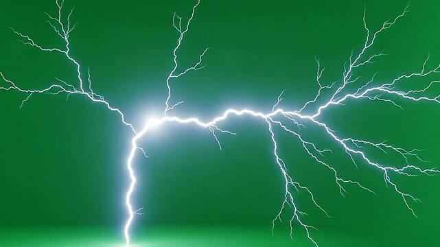 Powerful white lightning bolt striking against a solid green background