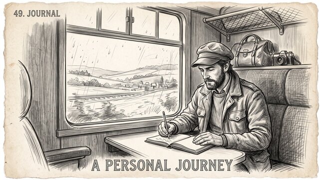 A personal journey journal sketch of man writing on train with illustration passenger commuter creative thoughtful stationery carriage lifestyle contemplation reflection landscape adventure