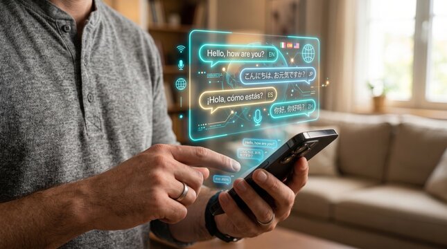 Man using AI translation mobile application on smartphone with virtual multilingual language interface